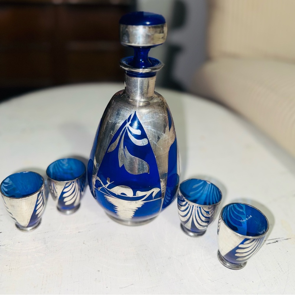 Blue and Silver Art Glass Decanter Set with Silver inlay
